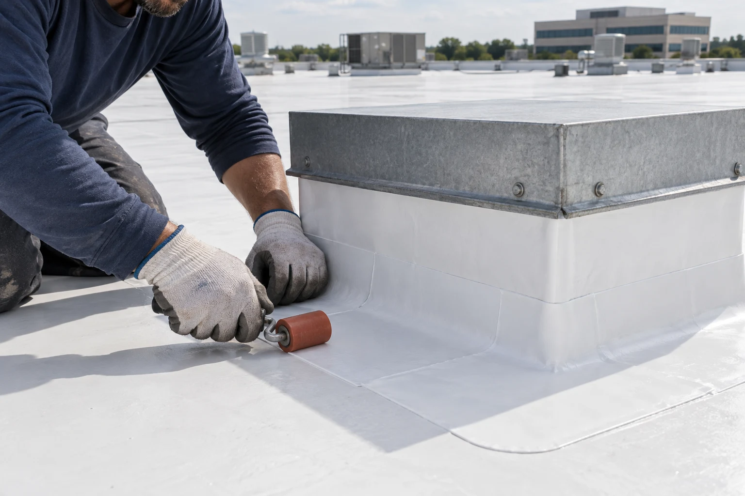 Gloved roofer repairing a membrane connection at a commercial roof curb
